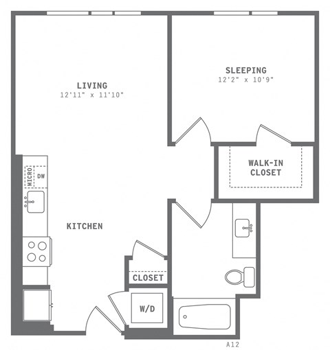Floor plan for 1 bed, 1 bath, 669 sqft
